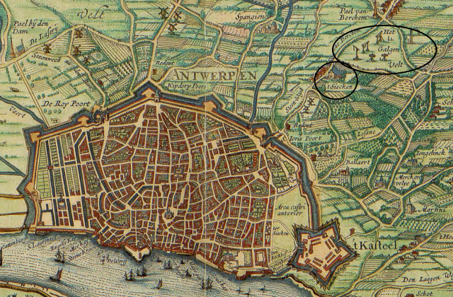 Kaart van Antwerpen, rechtsboven zie je 't Siecken staan met een zwarte cirkel rond. Vlak boven de Antwerpse Terziekenleprozerie zie je dan "Het Galgen Velt" staan met een aantal galgen getekend.