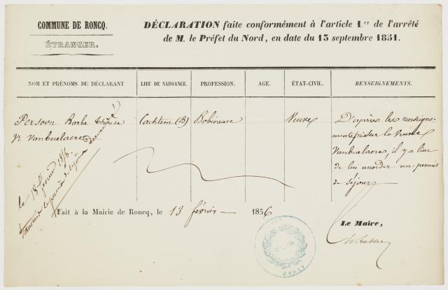  Verblijfsvergunning afgeleverd door de gemeente Ronk (Roncq) op 13 februari 1856. Foto: Archives départementales du Nord, Lille – France / FRAD059_M_176_1.