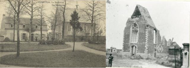Twee foto's. Links de gebouwen van de Magdalenakapel met groen voor. Rechts de ruïne van de Magdalenakapel na het bombardement.