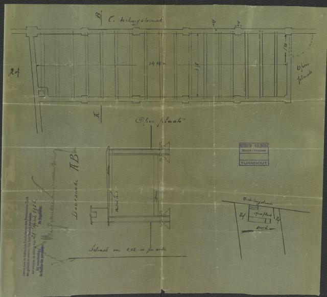 Een plattegrond uit het vergunningsdossier van Romain Volders voor de aanvraag van een vergunning voor een inrichting met betrekking tot oliën en vetten aan de Tichelarijstraat te Turnhout, 1922. Bron: Stadsarchief Turnhout, Archief van de Stad Turnhout, Dossiers inzake hinderlijke inrichtingen, inventarisnummer 286#307.