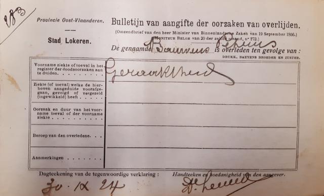 Nederlandstalig voorgedrukt aangifteformulier van overlijden uit 1924, Lokeren (1)