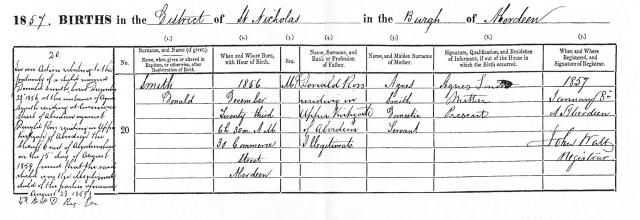 De geboorteakte van Donald Smith, geboren op 23 december 1856 te Aberdeen.