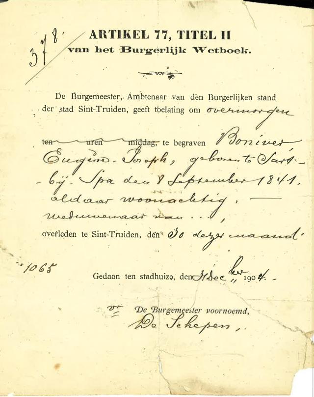 De toelating tot begraven voor het lichaam van de heer Eugène-Joseph Boniver, overleden op 30 december 1904 te Sint-Truiden.
