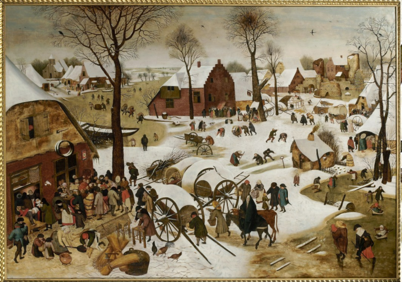 De Volkstelling in Bethlehem door Pieter Bruegel de Jonge toont leprozen met hun karakteristieke objecten, zoals een klepper of ratel, een hoed en mantel.