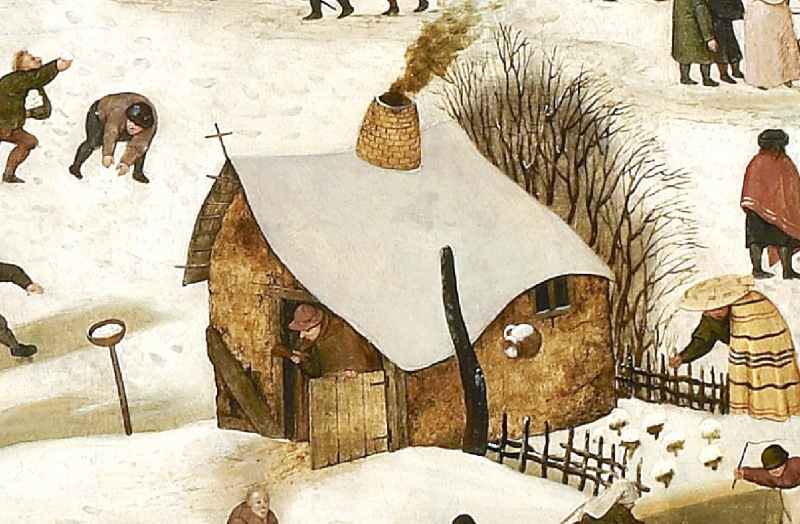 Detail van De Volkstelling in Bethlehem door Pieter Bruegel de Jonge, met leprozenhutje en akkerzieke.