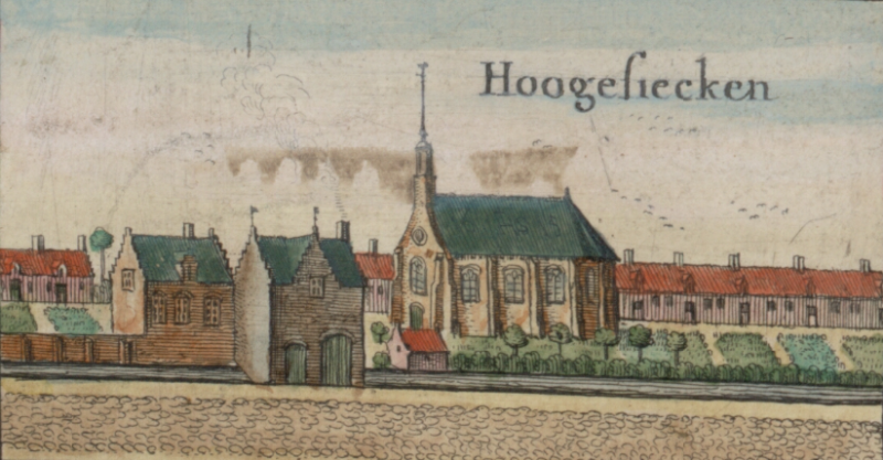 De afbeelding toont het domein, met een poortgebouw om binnen te gaan. Centraal scheidde de kapel de gezonde van de zieke mensen. Achter de kapel zijn de individuele huisjes van de leprozen afgebeeld.