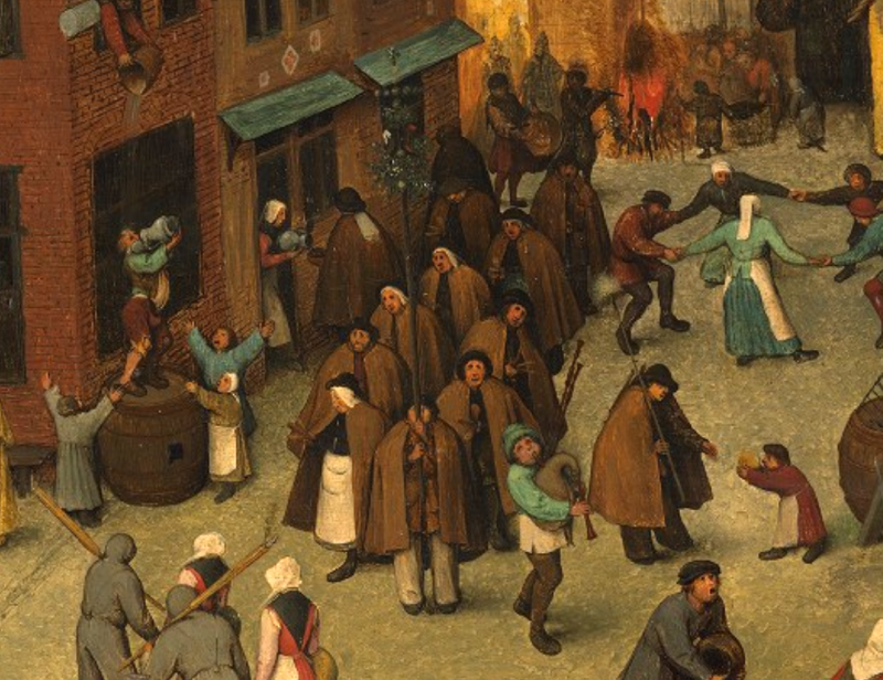 Ingezoomd beeld van De strijd tussen Vasten en Vastenavond. Je ziet een leprozenoptocht, de leprozen zijn te herkennen aan hun hoeden en lange mantels.